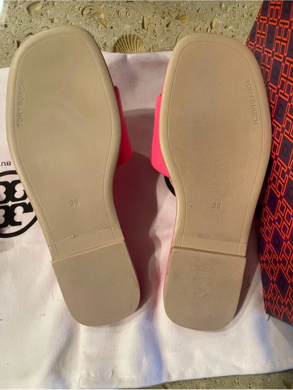 Tory Burch Neon Pink Crystal-Embellished Logo Slide Sandals text 5045474637.
